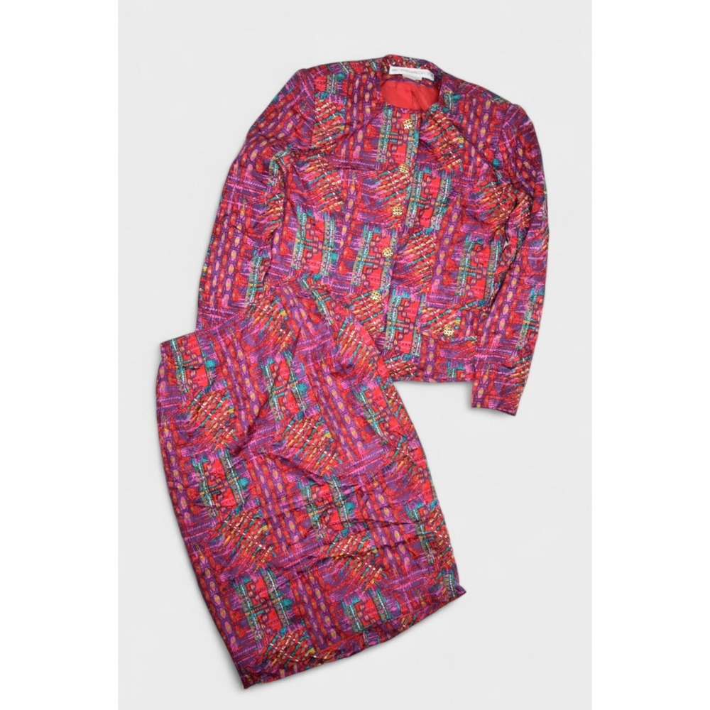 Anne Crimmins Set Womens 6 Silk Jacket Skirt Suit Multicolor Geometric Umi